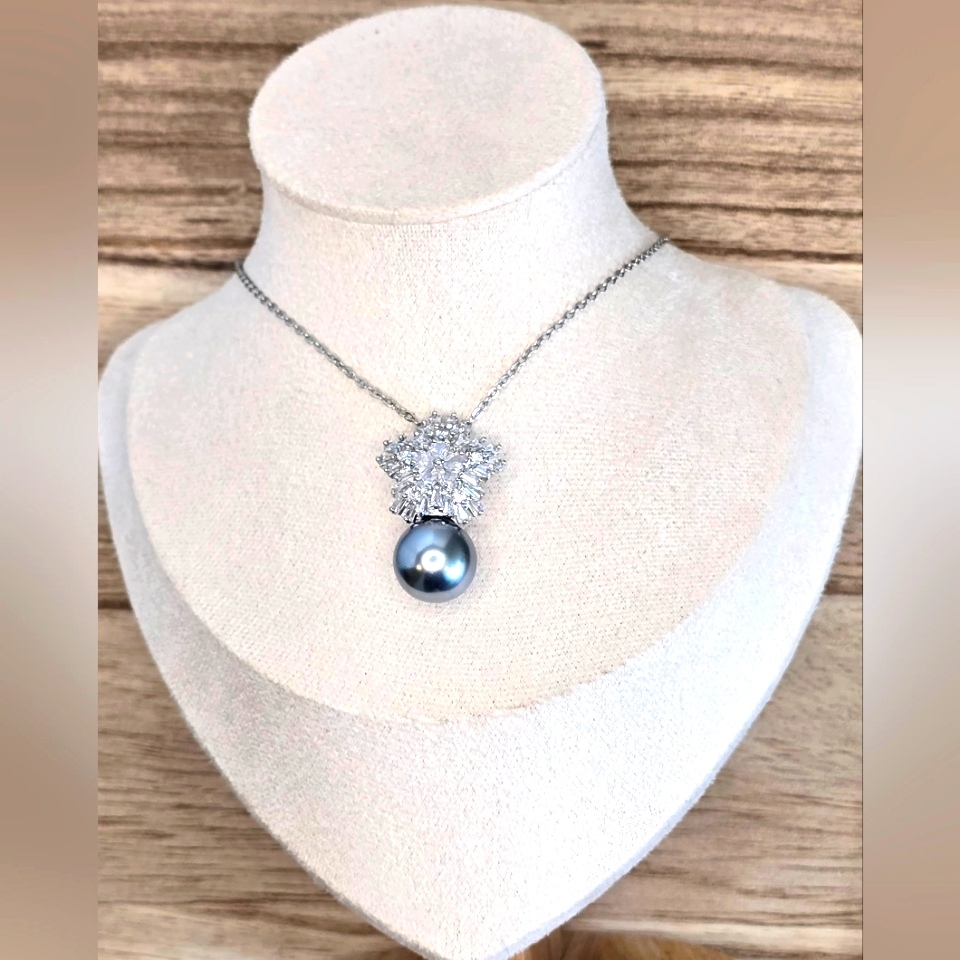 Cz Snowflake Pearl Drop Pendant Necklace